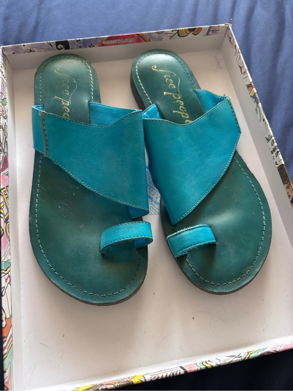 Free People Teal Leather Toe-Ring Slide Sandals